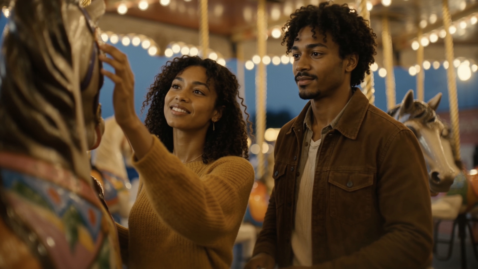 Ruby and Curtis together beneath the warm lights of a fairground carousel