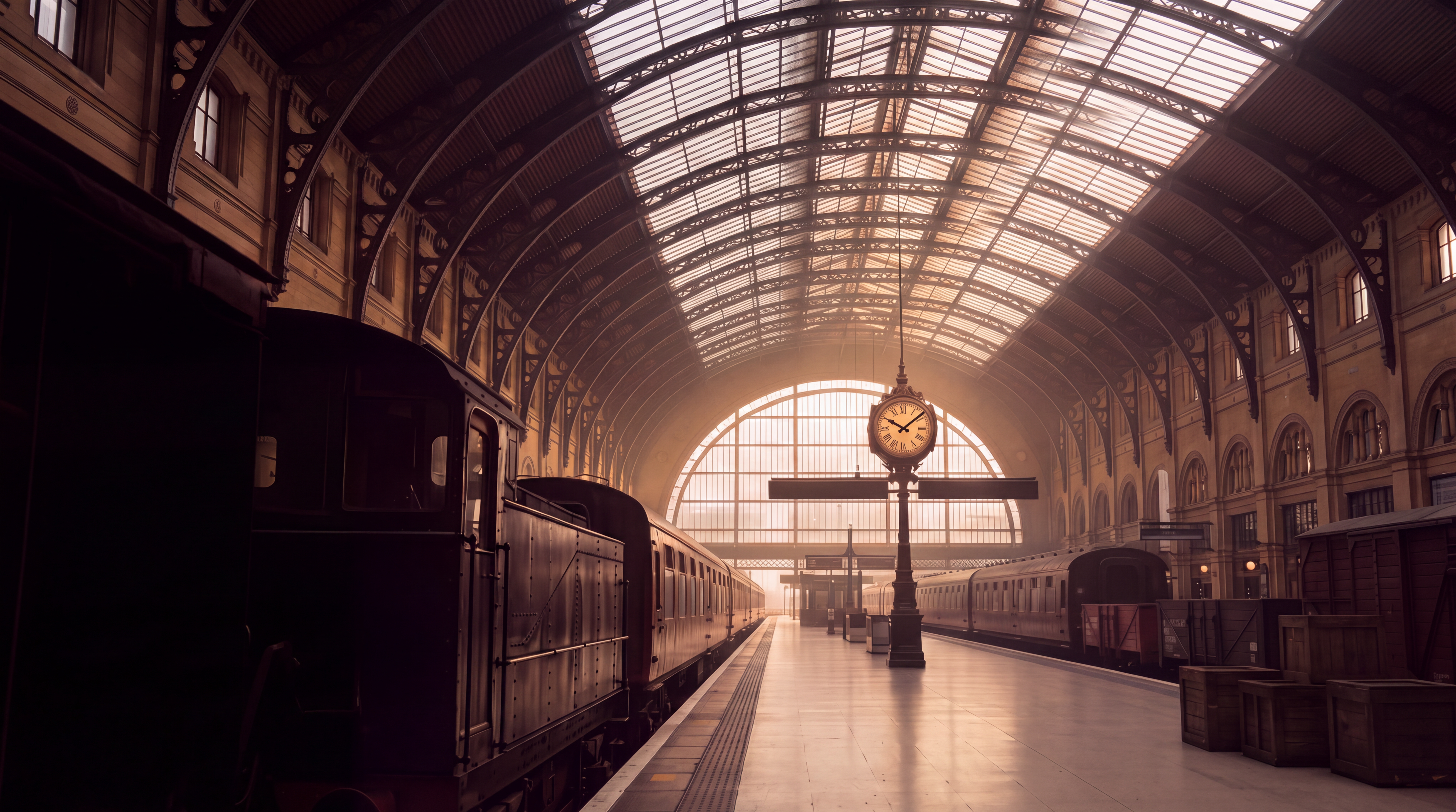 An empty historic railway station beneath a vaulted glass roof in warm evening light